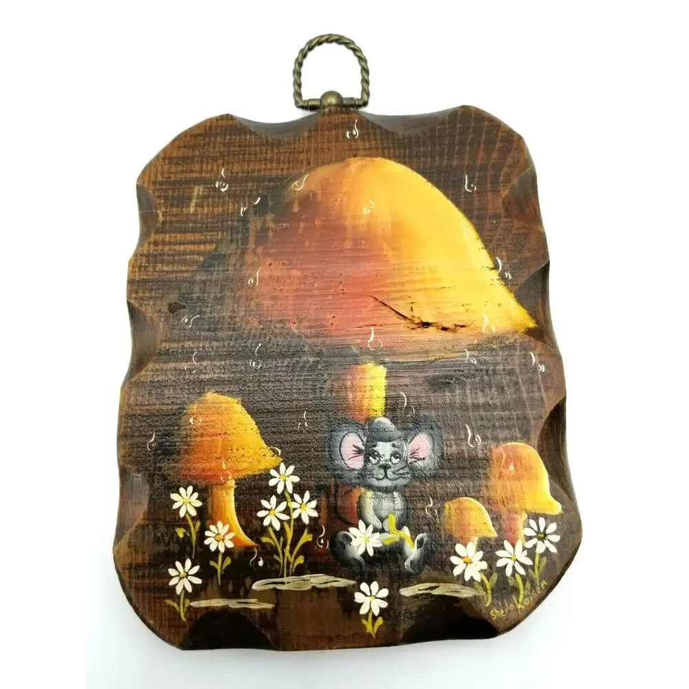Vintage Mushrooms Mouse Tole Painting Signed by Artist Wall Hanging 7